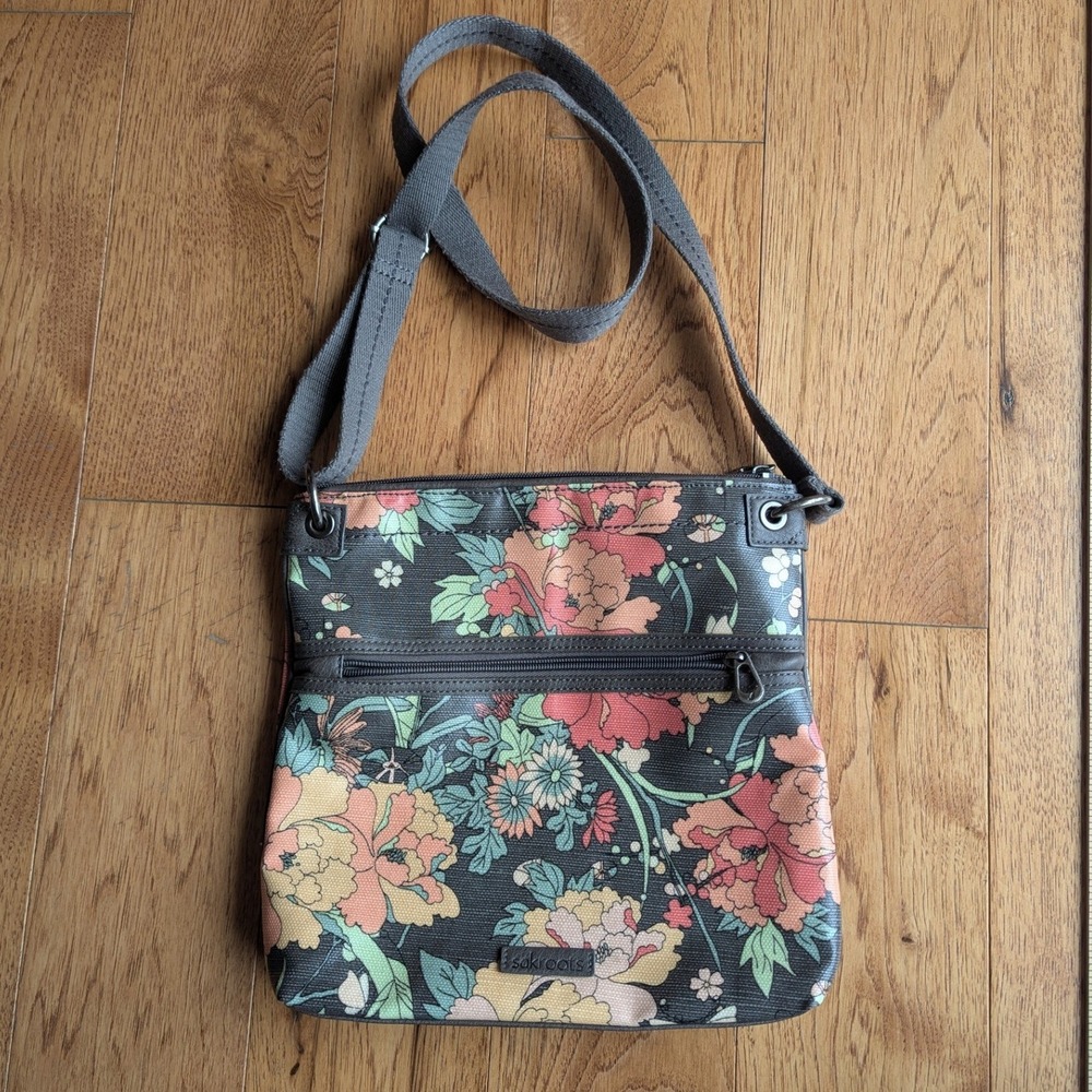 Sakroots Crossbody Bag Gray Floral Coated Canvas Adjustable Strap Zip Top *READ
